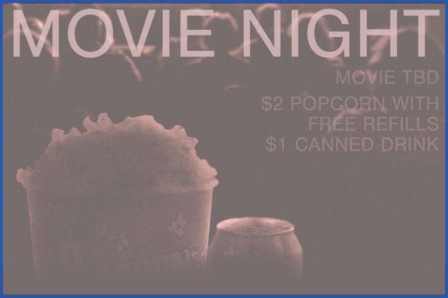 Popcorn and drink in movie theatre crowd with text that reads "Movie Night".